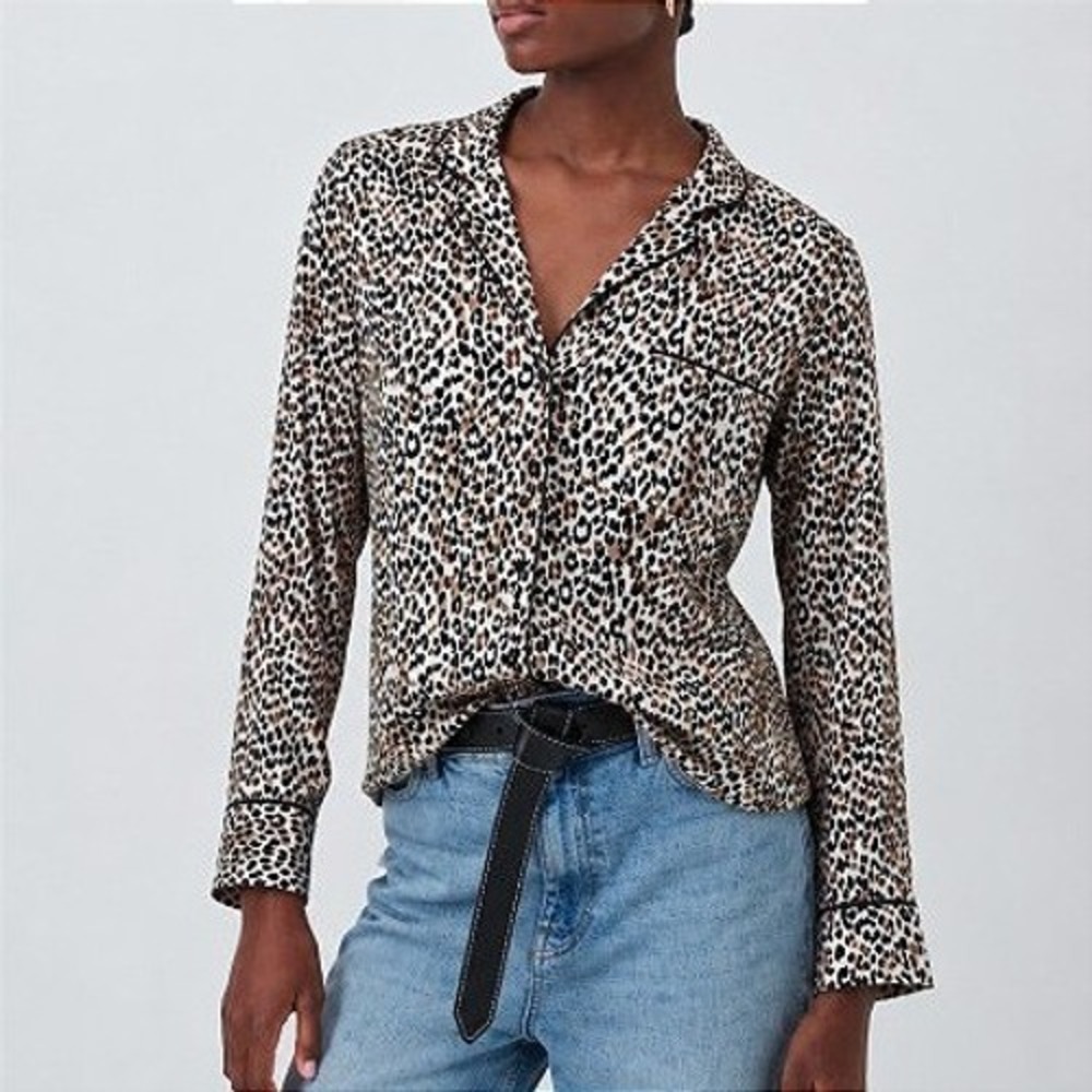 NWT John Lewis AND/OR Leopard Print Career Work Fitted 100% Cotton Blouse 12